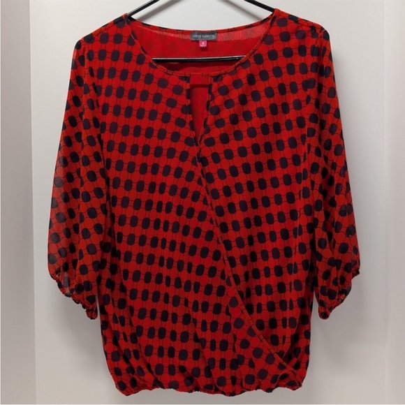Vince Camuto Polka Dot Prep Faux Wrap V-neck Blouse Red Navy Blue Medium - Picture 2 of 16